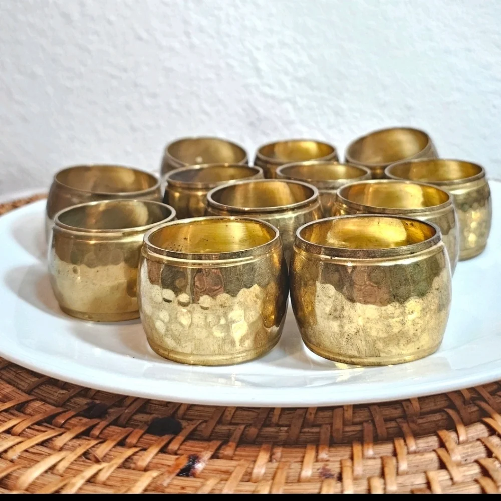12 Vintage Hammered Solid Brass Napkin Ring Holders
